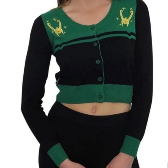 WeLoveFine Sweater Black and Green Marvel Loki Crop Sweater Cardigan Size Medium - Picture 1 of 10